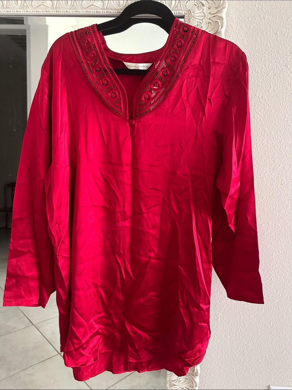 Private Luxuries Silk Red Sleepshirt with Embroidered Neckline